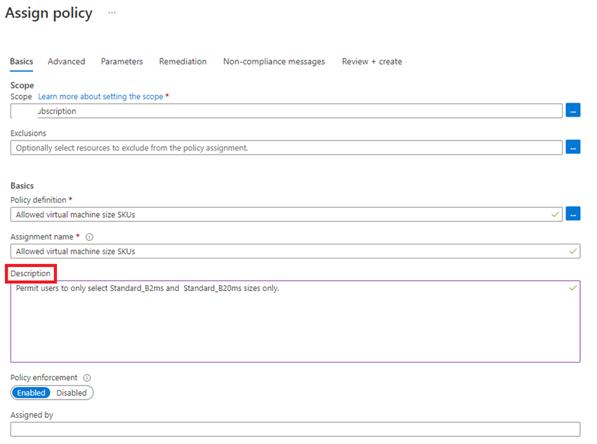 How to implement Allowed virtual machine size SKUs policy in Azure